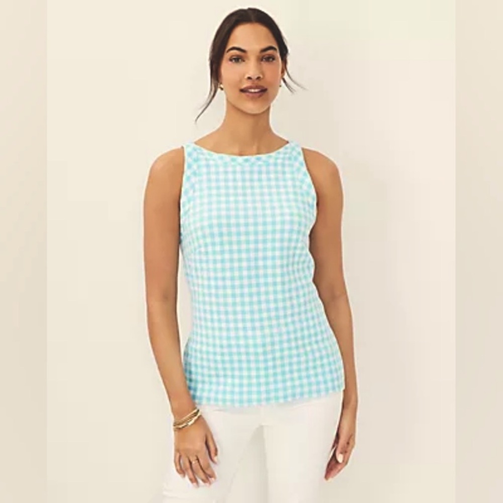 Ann Taylor Gingham Boatneck Tank Top In Aqua Pop Size Size XL NWOT